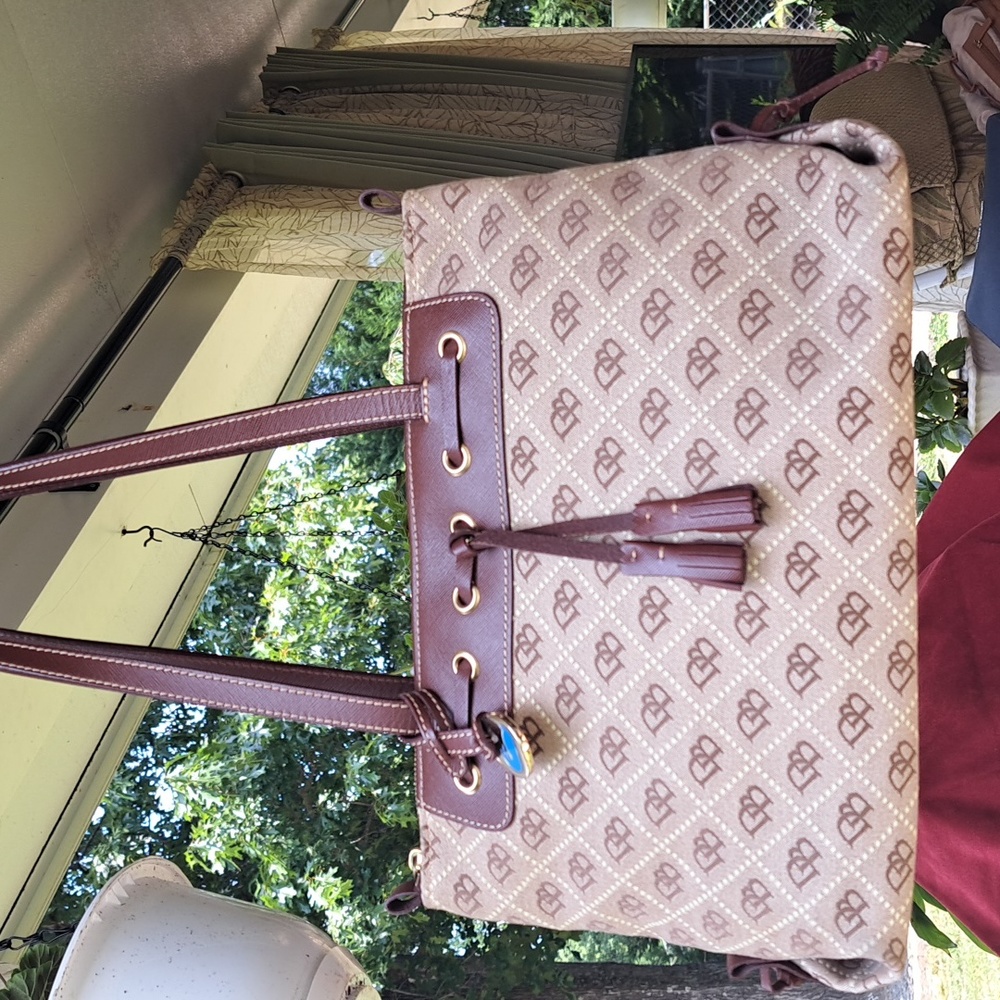 Dooney &Bourke Cream/Tan Canvasw/Brown Leather Shoulder NEW, Excellent Cond.